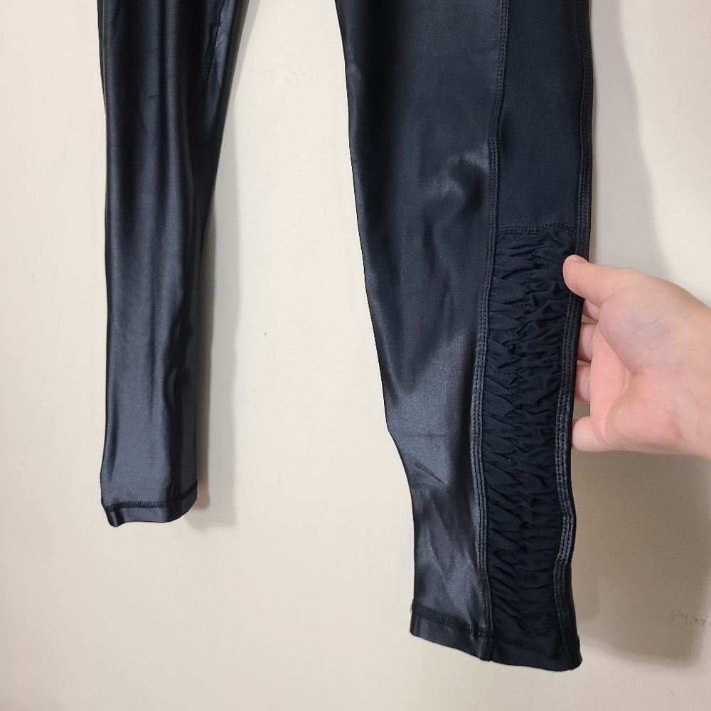 Bebe Sport Black Faux Leather Leggings Womens L Rhinestone‎ Logo Rockstar Glam - Picture 4 of 8